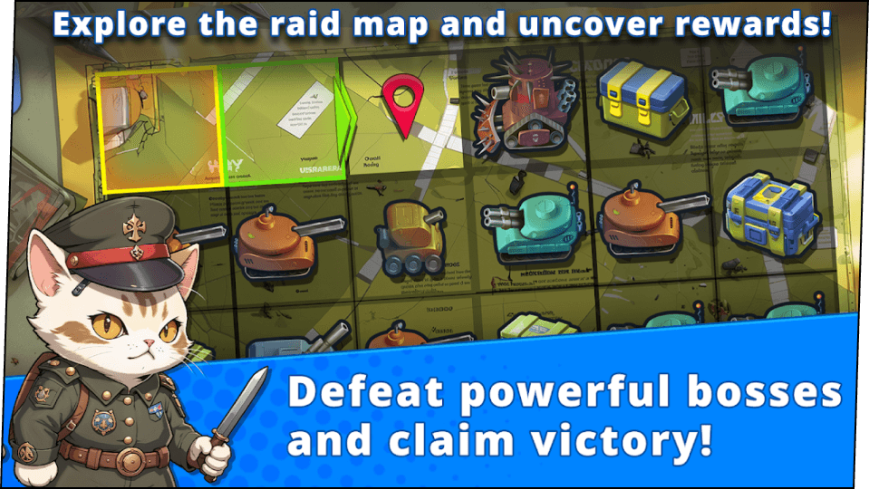 A commander-cat with a slide behind him, caption says: "Explore the raid map and uncover rewards! Defeat powerful bosses and claim victory!"